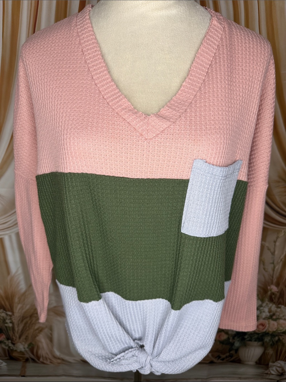 entro Pink, Olive & White Colorblock V-Neck Waffle Knit Sweater